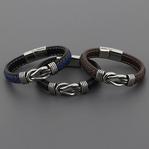 Three-piece men's braided leather bracelets with silver metal knot and magnetic buckle