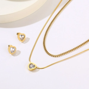 Detailed view of a gold-plated stainless steel jewelry set with heart-shaped zircon stones