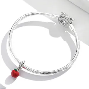 S925 sterling silver snake chain bracelet with a red enamel apple charm and crystal clasp