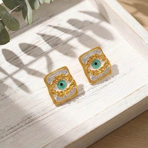Luxury gold plated stainless steel square evil eye stud earrings with blue oil drip
