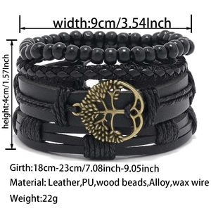 Detailed size specifications for leather and wood bead Tree of Life multi-layer bracelet