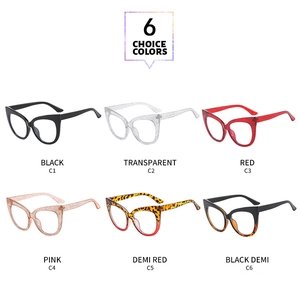 Six colors of cat eye glasses frames including black, transparent, red, pink, and tortoiseshell