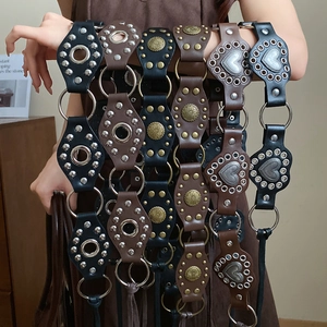 Bohemian PU leather belts set with round metal rivets and heart patterns for women
