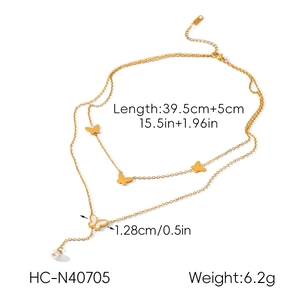 Detailed specs of double-layer butterfly pearl necklace in 18K gold stainless steel