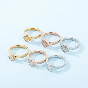 Hexagonal and square titanium steel rings with cubic zirconia in gold, silver and rose gold