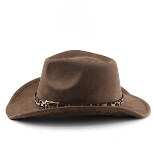 Detail of western cowboy hat with brown faux suede texture and leopard print belt strap
