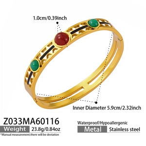 Detailed view of 18k gold plated stainless steel bangle with dimensions and weight info
