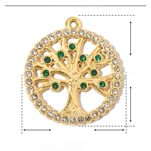 Detailed size parameters of gold life tree pendant with green and white rhinestones