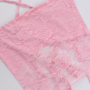 Detailaufnahme von rosa Spitzenstoff mit Rosenmuster und Bandstruktur des Oberteils