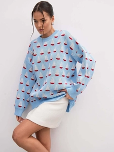 Pull Femme Tricot Jacquard Motif Voilier Col Rond Manches Longues Décontracté Mélange Coton Polyester
