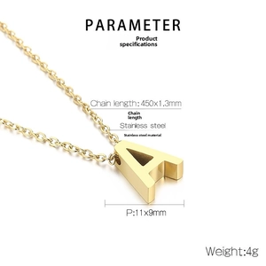 Detailed parameter diagram of golden stainless steel letter A pendant with 450mm chain
