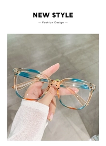Detail of hand-held oversized square glasses frame with multi-color gradient finish