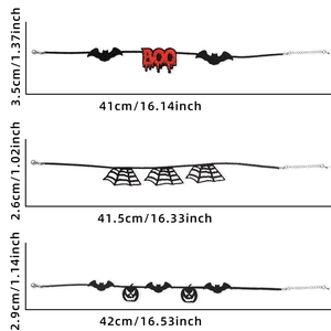 Detailed size guide for Halloween felt chokers featuring bats, ghosts, and pumpkins