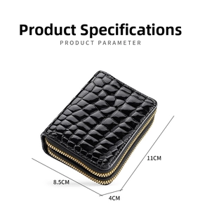Close-up of black crocodile texture card holder with dual gold zippers and 11cm dimensions