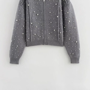 Grey knit bomber jacket for women featuring white pearl embellishments and zip closure