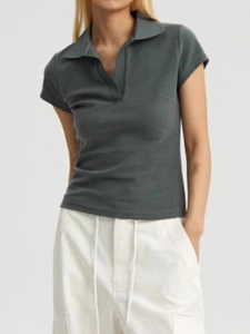 Slim fit dark grey knitted polo shirt with V-neck collar for women in a minimalist style