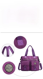 Detail of durable purple nylon fabric with reinforced stitching and logo on the bag