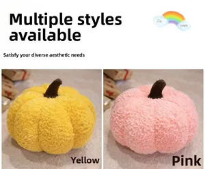 Detail comparison of soft yellow and pink plush pumpkin pillows with textured teddy fleece