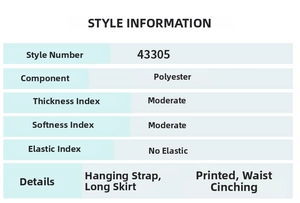 Size chart showing 100% polyester fabric details for floral slip long dress