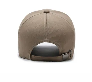 Rear view of khaki baseball cap featuring textured fabric and adjustable metal buckle