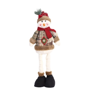Standing Christmas snowman doll with retractable legs and red plaid fabric details