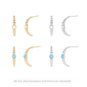 Geometric C-Shape Stud Earrings With 925 Sterling Silver Earring Post Round Synthetic Opal Zircon Inlaid Jewelry Women