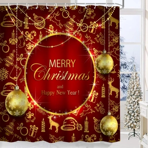 Detail of red and gold Christmas shower curtain with reindeer and snowflake patterns