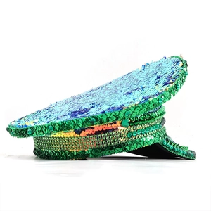 Green and blue sequined captain hat with rhinestone crown and beaded brim for festival parties