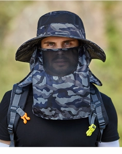 Detail of blue camouflage fishing hat with breathable face mask and mesh fabric for outdoors