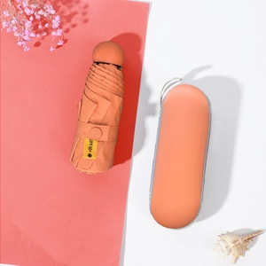 Orange ultra-light five-fold mini capsule umbrella with UPF50+ sun protection and hard case