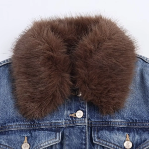 Blue denim jacket featuring a thick brown faux fur collar and silver metal buttons