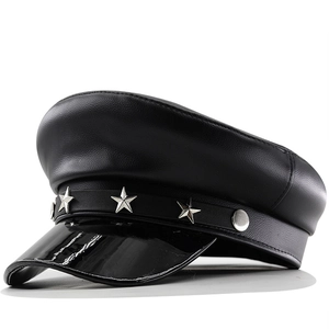 Women PU Leather Fiddler Cap Patent Leather Brim Military Hat Silver Metal Star Rivets Retro Punk Flat Top Black