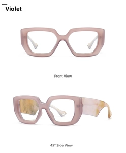 Front and 45-degree side views of thick square purple frames with marbled temples