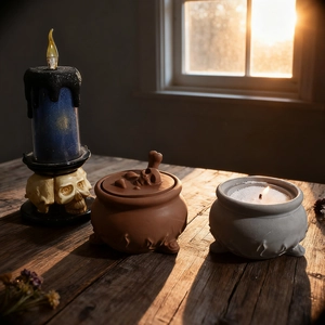 Gothic skull base candle and cauldron storage jar set on a rustic wooden table setup