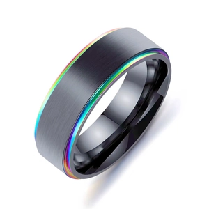 Men's titanium steel ring with black brushed finish and rainbow plated edge detail