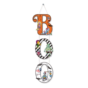 Vertical Halloween BOO porch banner with cartoon zombie, bat and spider web patterns