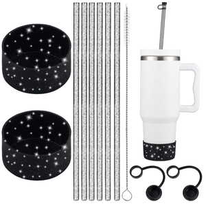 8-piece Stanley cup accessory set with glitter straws, brush, and black silicone covers