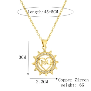 Detailed size specifications for gold sun heart pendant necklace in copper and zircon