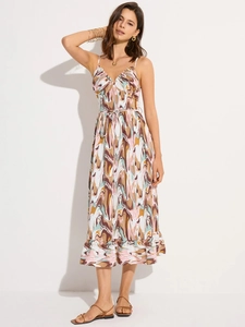 Robe midi trapèze bohème avec imprimé marbre, col en V et taille à cordon coulissant