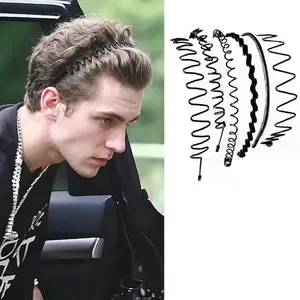 Set of six black wave-shaped metal headbands for men's invisible hair styling and sports