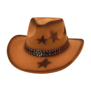 Brown Western cowboy hat with star patterns and studded leather band on white background