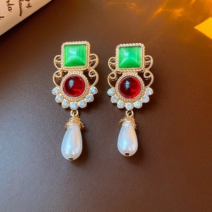 Vintage gold plated earrings with green gems, red stones and white pearl drops