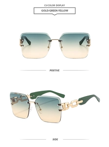 Detail view of C5 rimless sunglasses with gold and green yellow gradient lenses