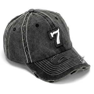 Detail view of white numeral 7 embroidery on vintage washed distressed baseball cap