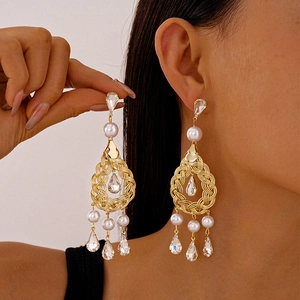 Baroque Tassel Dangle Earrings With 925 Sterling Silver Earring Post Imitation Artificial Pearl Rhinestone Water Drop Gold Tone