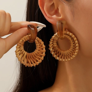 Bohemian round rattan hoop earrings with amber resin accents for women beach vacation