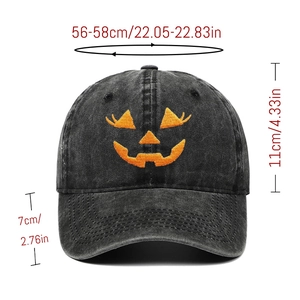 Detailed size specifications for a charcoal grey baseball cap with pumpkin embroidery