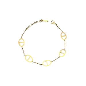 Minimalist gold titanium steel chain bracelet with five hollow D-shaped charms on white background