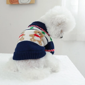 Detailed knit texture of navy and red Christmas reindeer sweater for small dogs