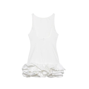 Detail of white sleeveless satin dress featuring ruffled hem and hidden back zipper
